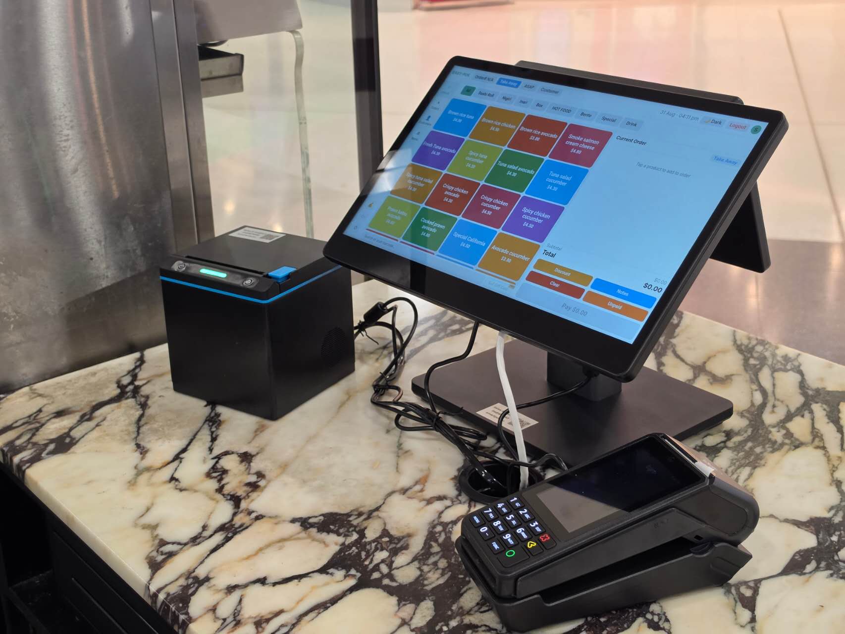 Smart POS screen, receipt printer and card terminal at Haruka Sushi